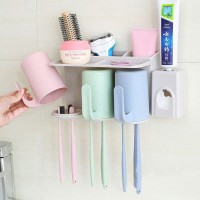 Eco Friendly Wheat Straw Teeth Bathroom Accessories Kit Set Include Toothpaste Dispenser And 3 Toothbrush Holders Cups